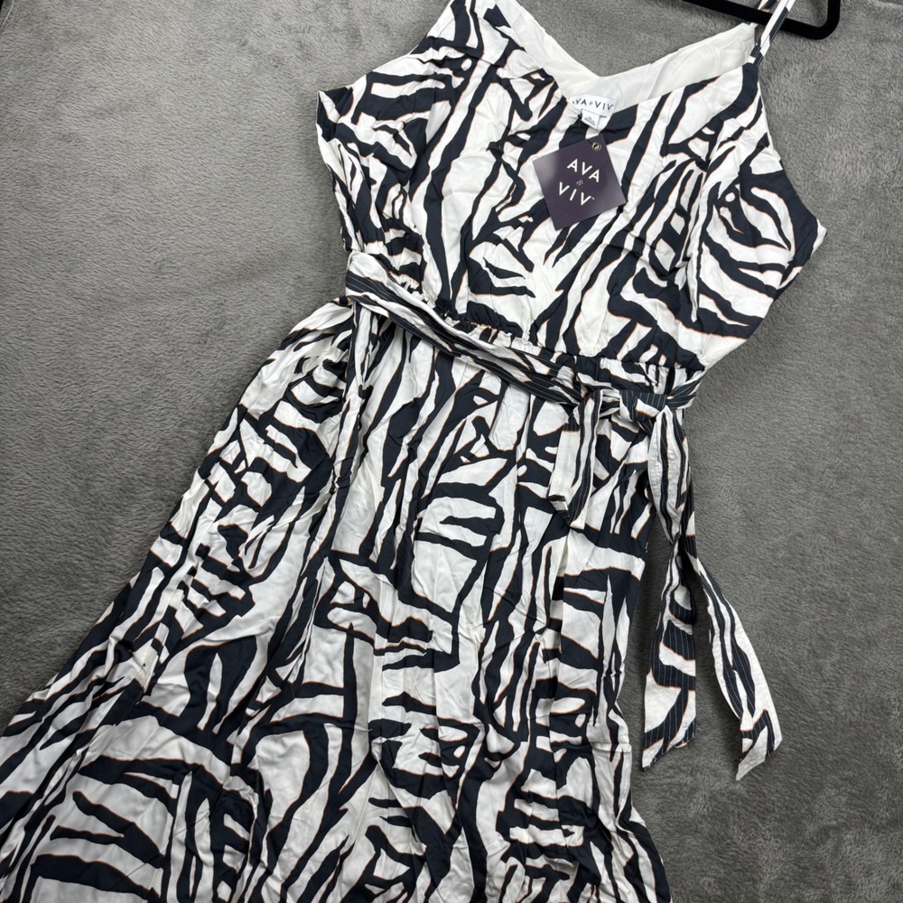 Ava & Viv Midi Dress Womens 2X Black White Zebra NEW Sleeveless Belted V-Neck